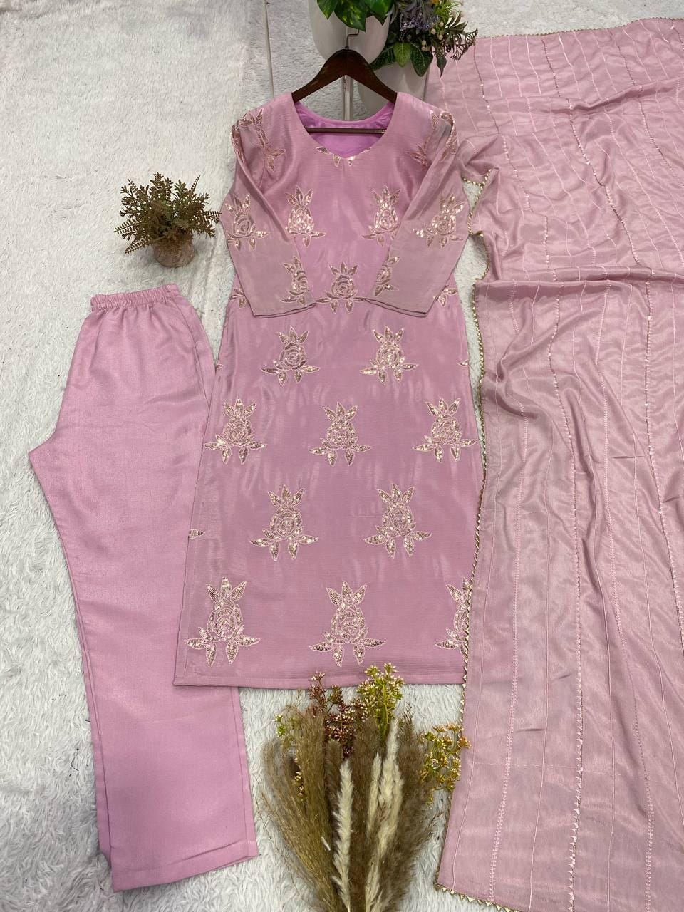Purple Chinon Suit Set | Sequence Embroidery Kurta Pants Dupatta | Indian Party Wear Ethnic Dress
