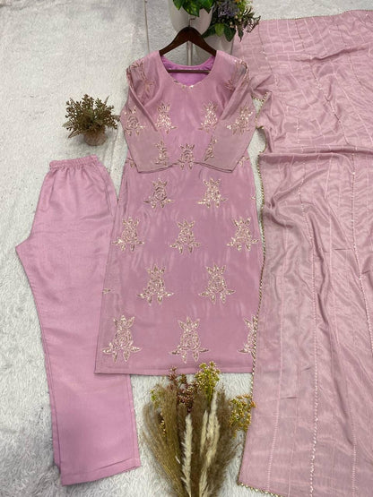 Purple Chinon Suit Set | Sequence Embroidery Kurta Pants Dupatta | Indian Party Wear Ethnic Dress
