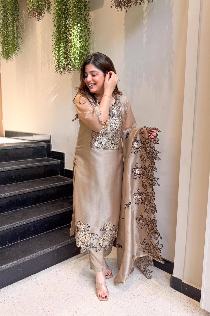 Designer Jimmy Choo Silk Embroidered Suit Set with Dupatta | Indian Wedding Guest Dress