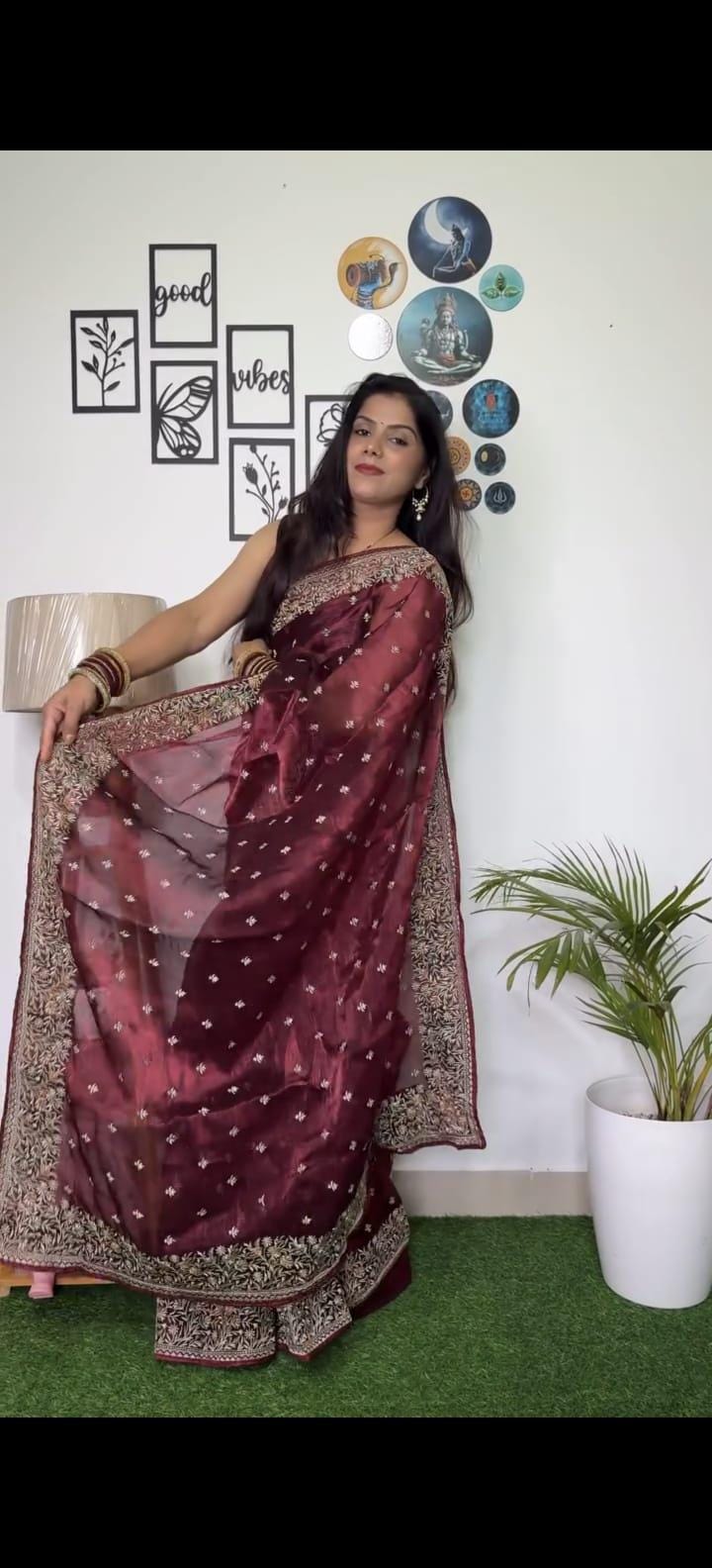 Maroon Georgette Saree with Embroidery & Sequin Work