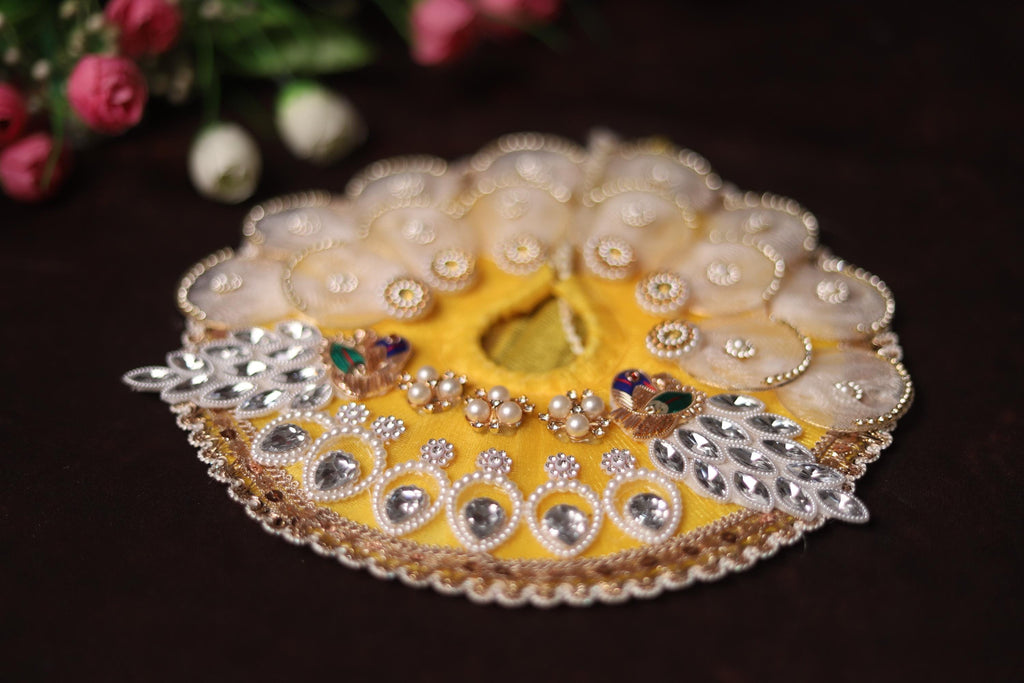 Handcrafted Kanha Ji Poshak with Elegant White Petals and Stone Work Embellishments Traditional Peacock Theme Laddu Gopal Dress