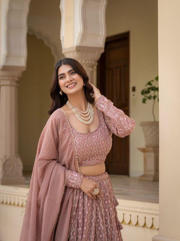 Rosy Brown Embroidered Lehenga Choli Set, Custom Stitched Faux Georgette Traditional Wear
