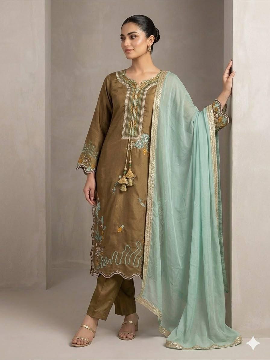 Glass Roman Embroidery Kurti Pant Set | Georgette Dupatta, Indian Wedding Wear