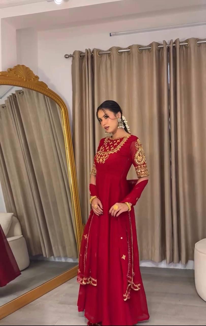 Pure Red Fox Georgette 5mm Sequence Embroidery Gown Pant Set | Stitched Anarkali Suit | Indian Wedding Party Wear Dress for Women