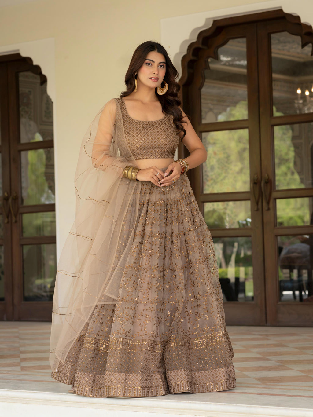 Muted Beige Net Lehenga Choli Set: Zari Sequence Embroidery Indian Wedding Outfit