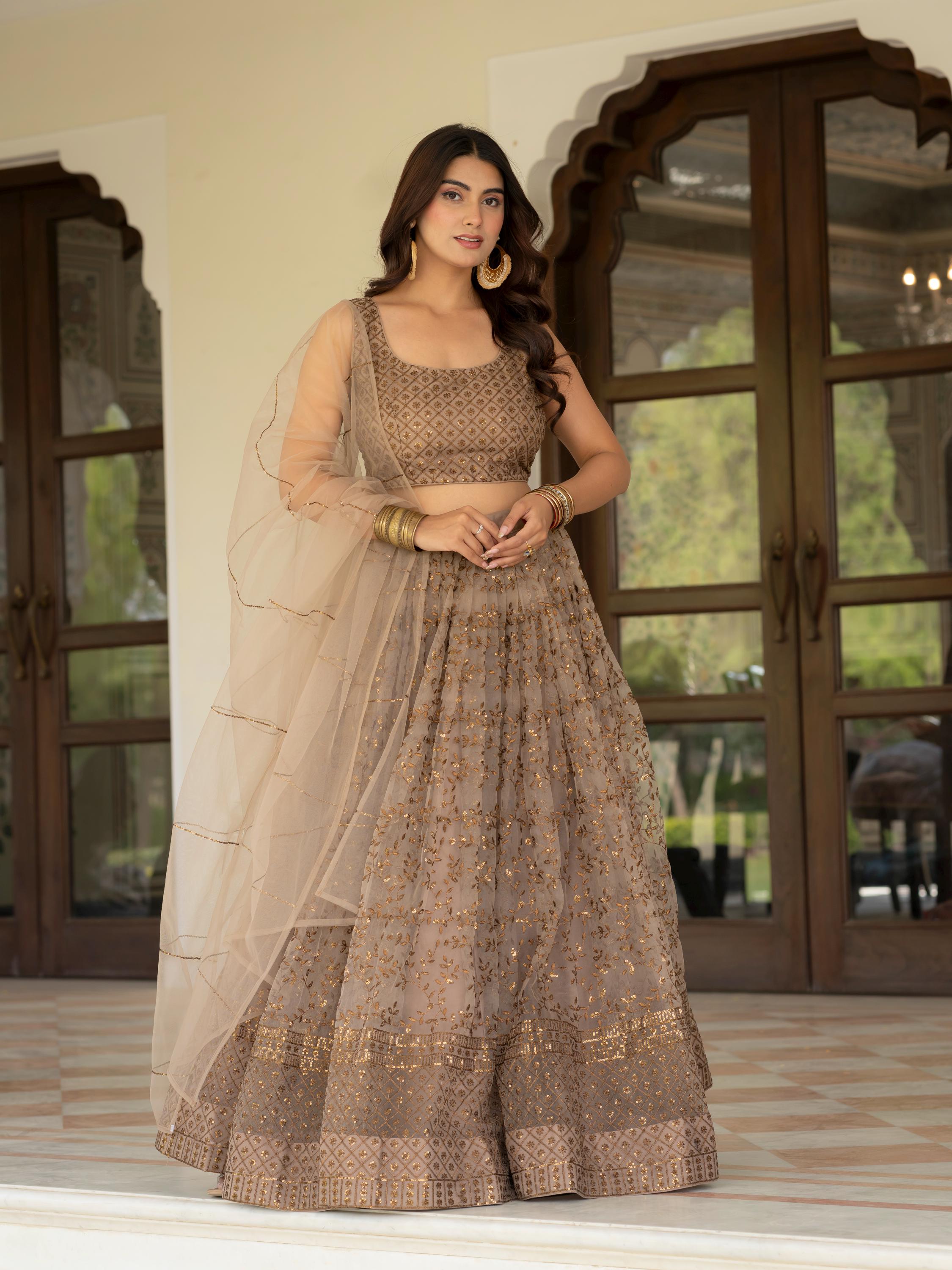 Muted Beige Net Lehenga Choli Set: Zari Sequence Embroidery Indian Wedding Outfit