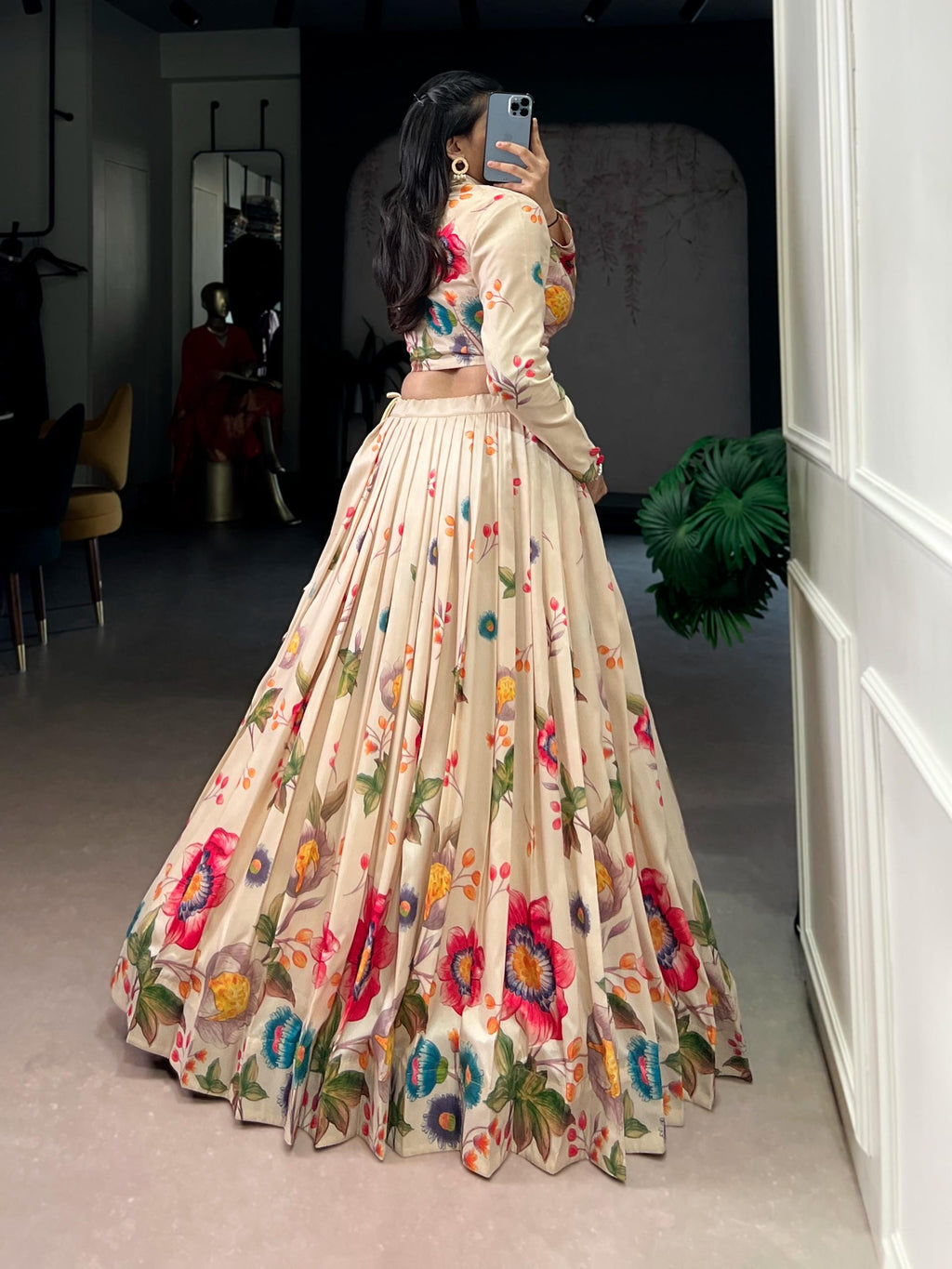 Floral Printed Tasar Silk Lehenga Choli, Indian Wedding Party Outfit (Ready to Wear)