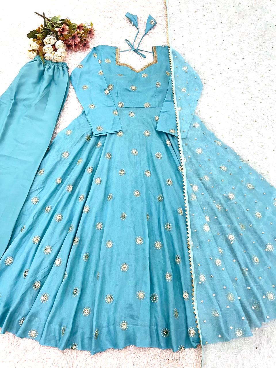 Blue Silk Gown, Long Sleeve Mirror Work, Full Flair Prom Dress