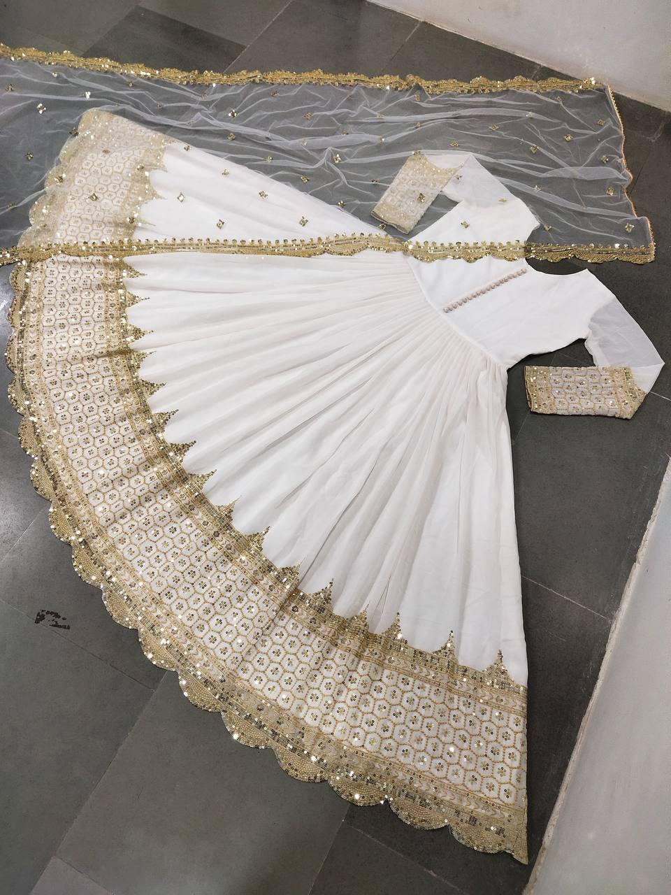 White Anarkali Gown Set — Faux Georgette, Sequin Embroidery