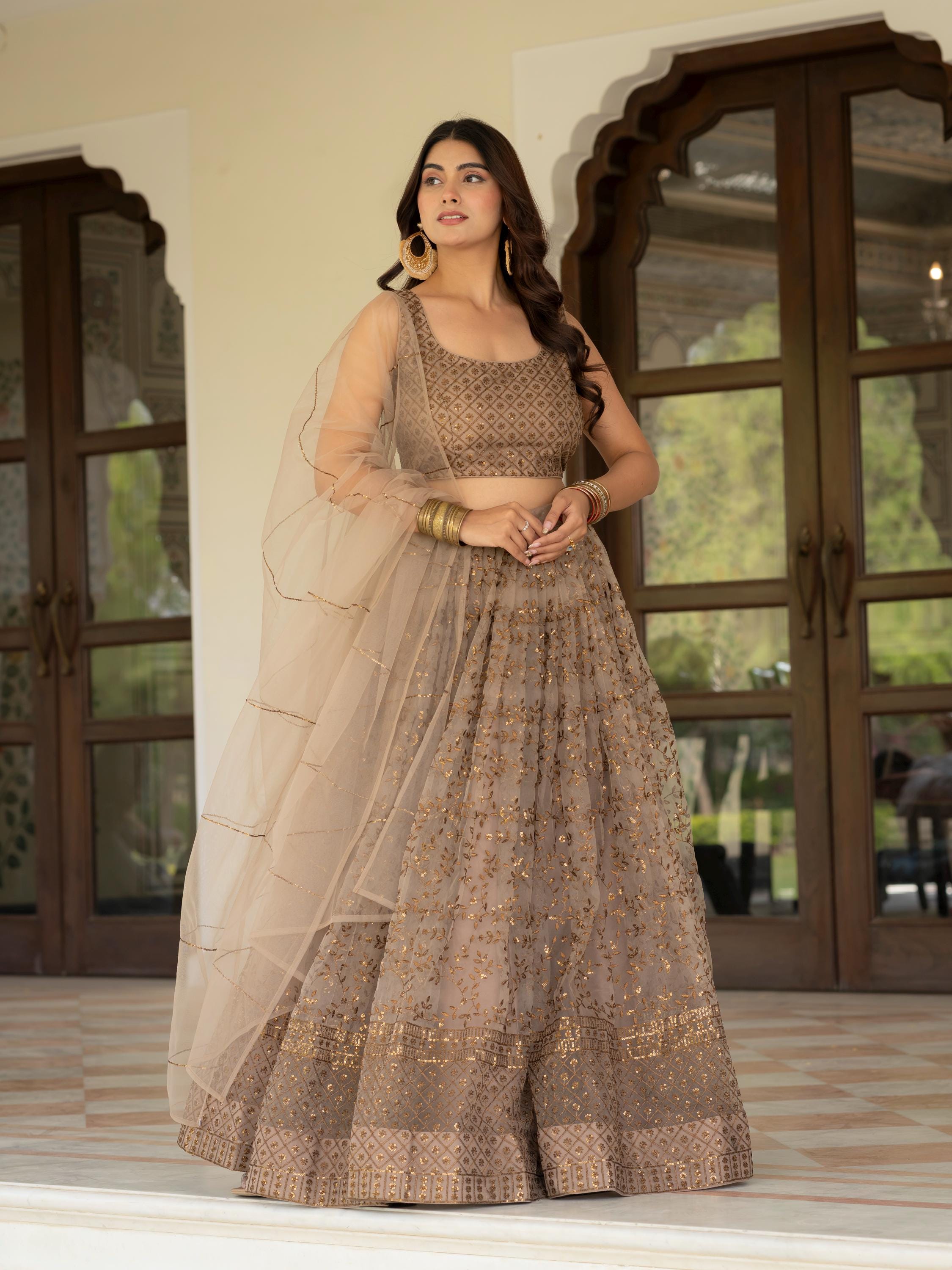 Muted Beige Net Lehenga Choli Set: Zari Sequence Embroidery Indian Wedding Outfit