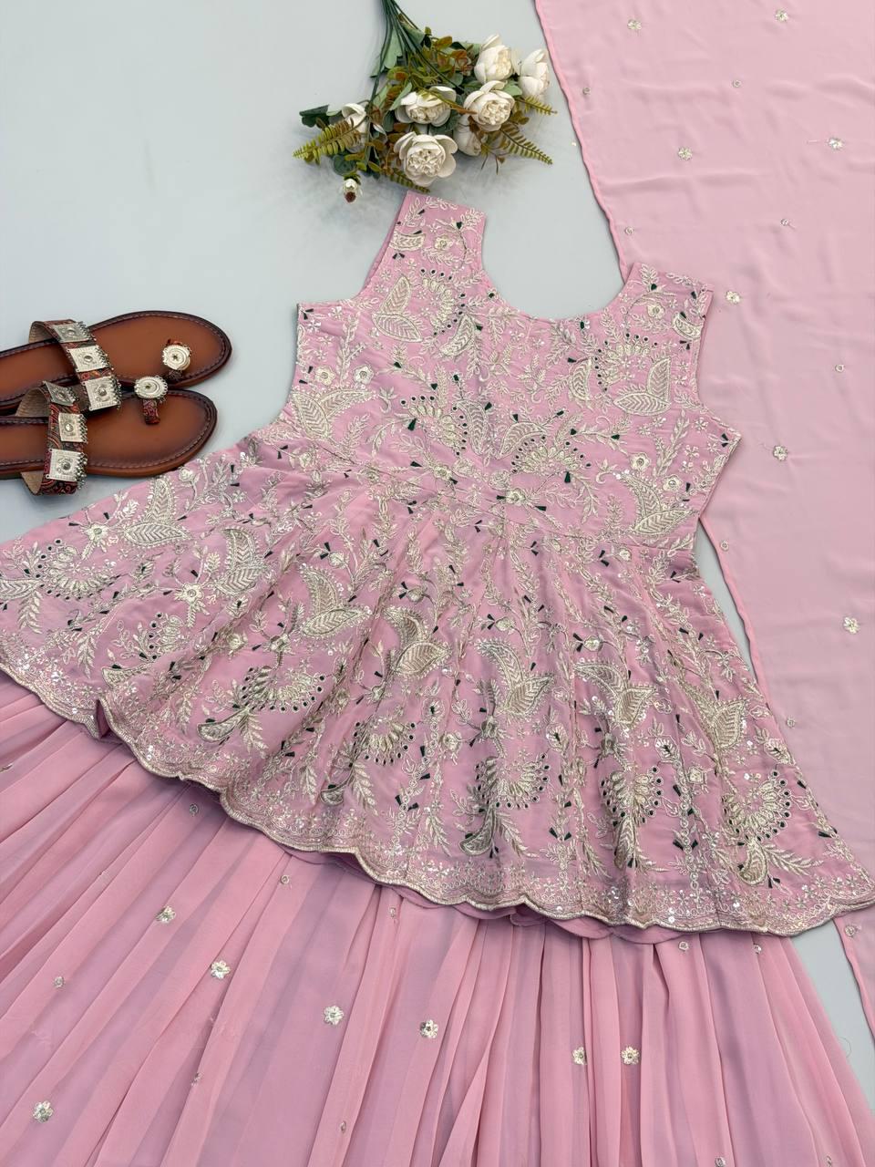Mauve Purple Embroidered Faux Georgette Top & Lehenga Set | Wedding Guest Dress