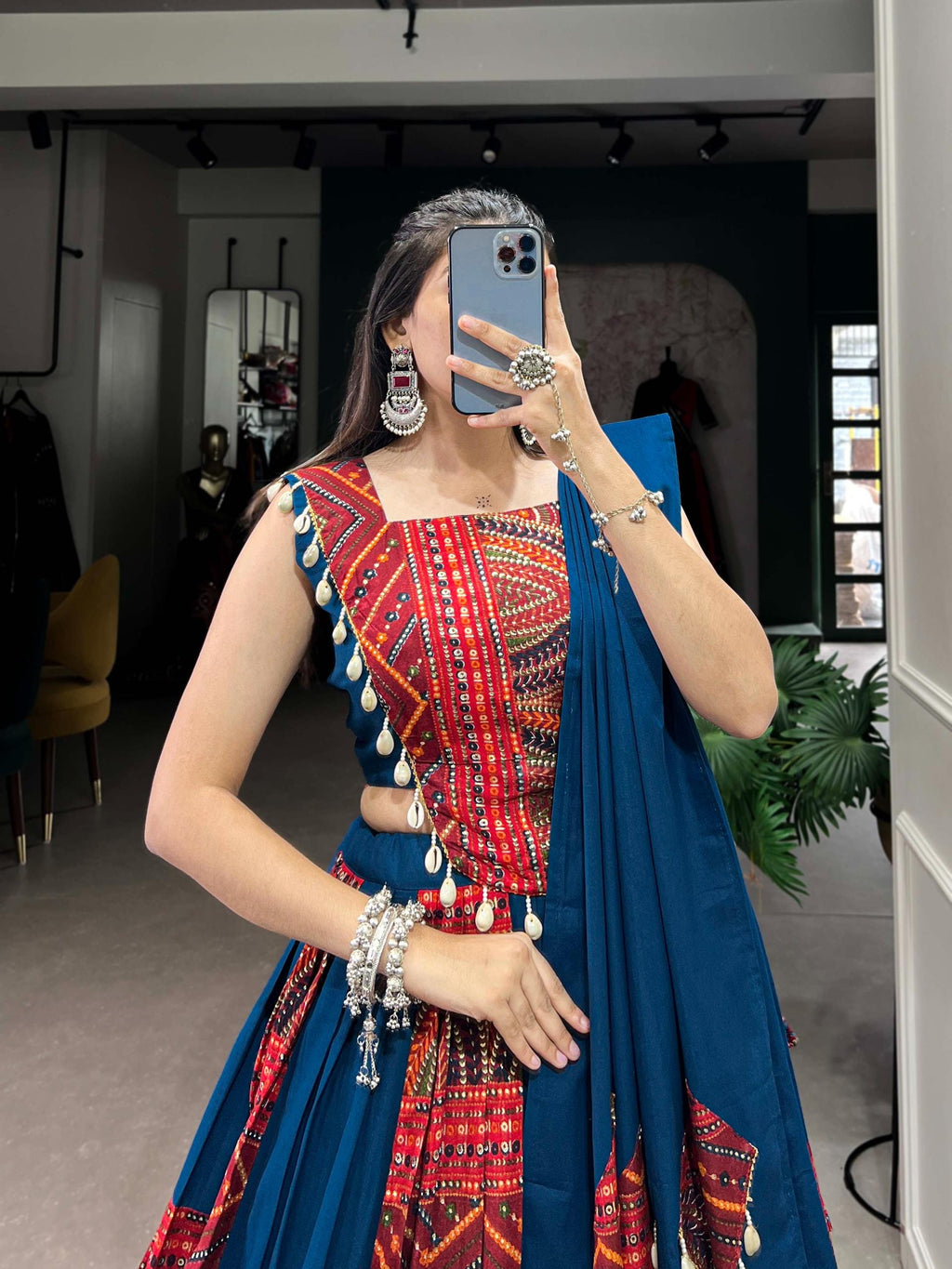 Pure Cotton Blue Lehenga Choli Set: Foil Work, Cowrie Lace Embellishments