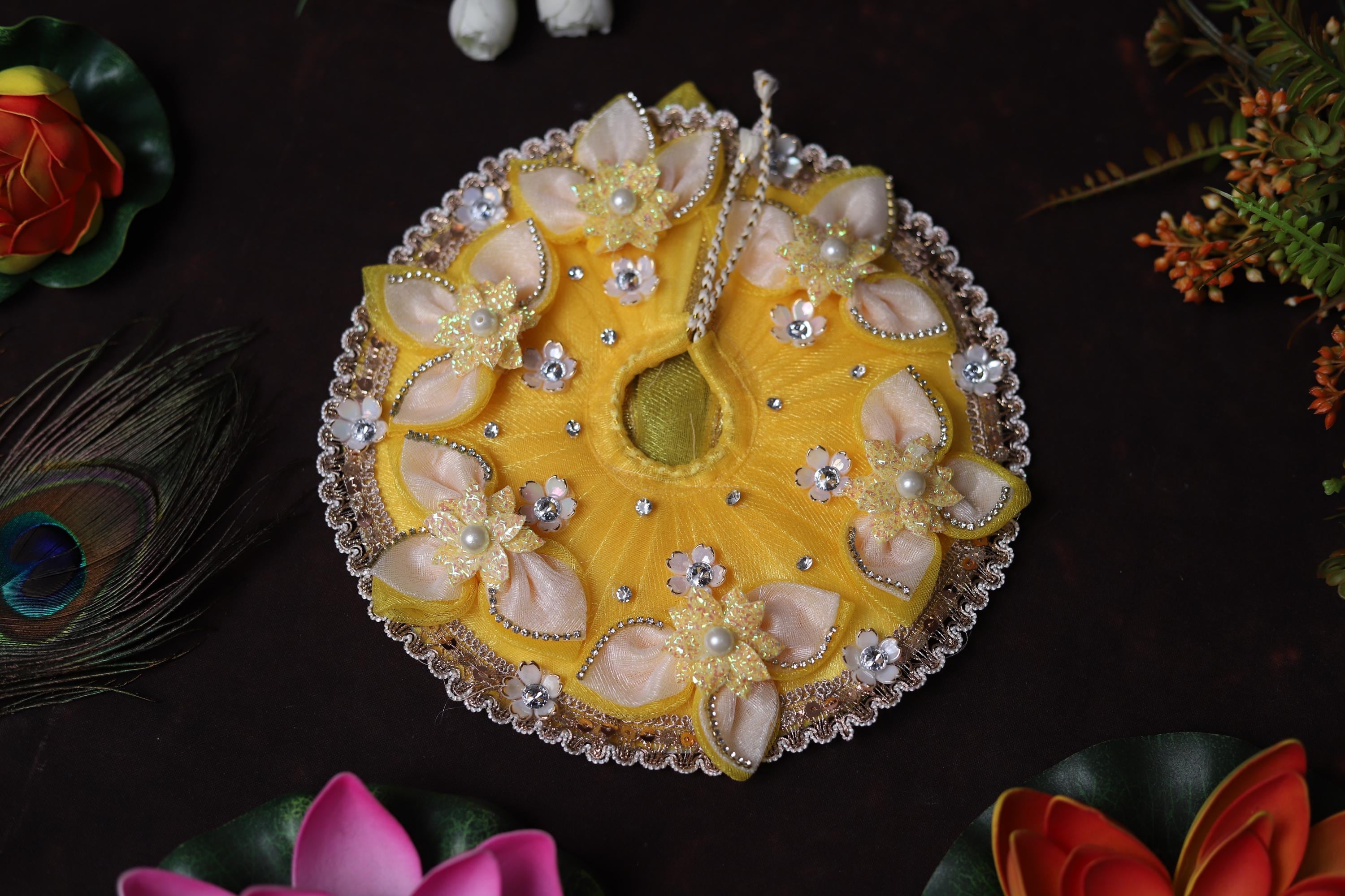Handcrafted Yellow Kanha Ji Poshak: Floral Stone Pearl Work Festive Dress