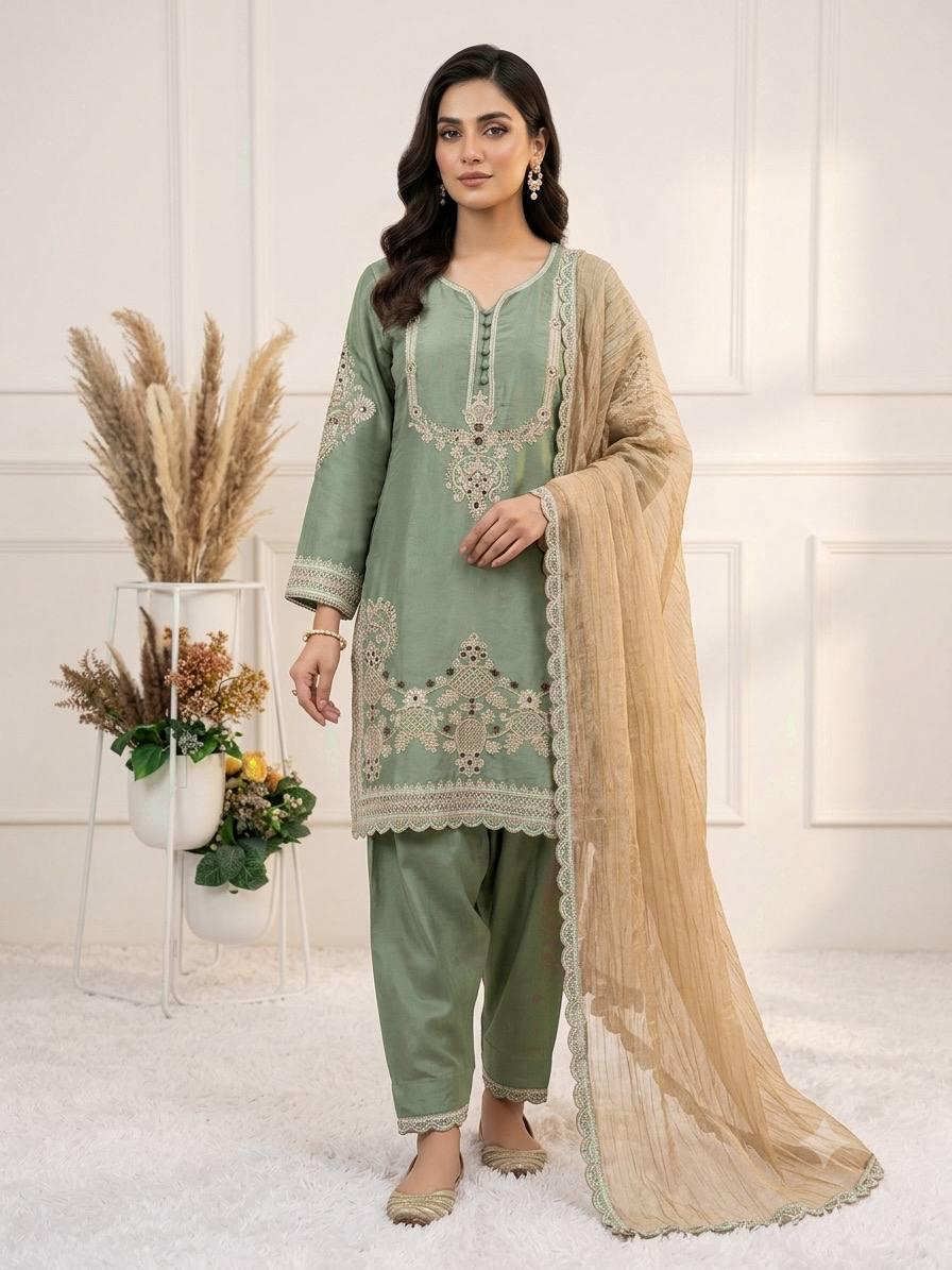 Designer Sage Green Glass Satin Kurta Set with Dupatta | Embroidered Indian Wedding Party Wear