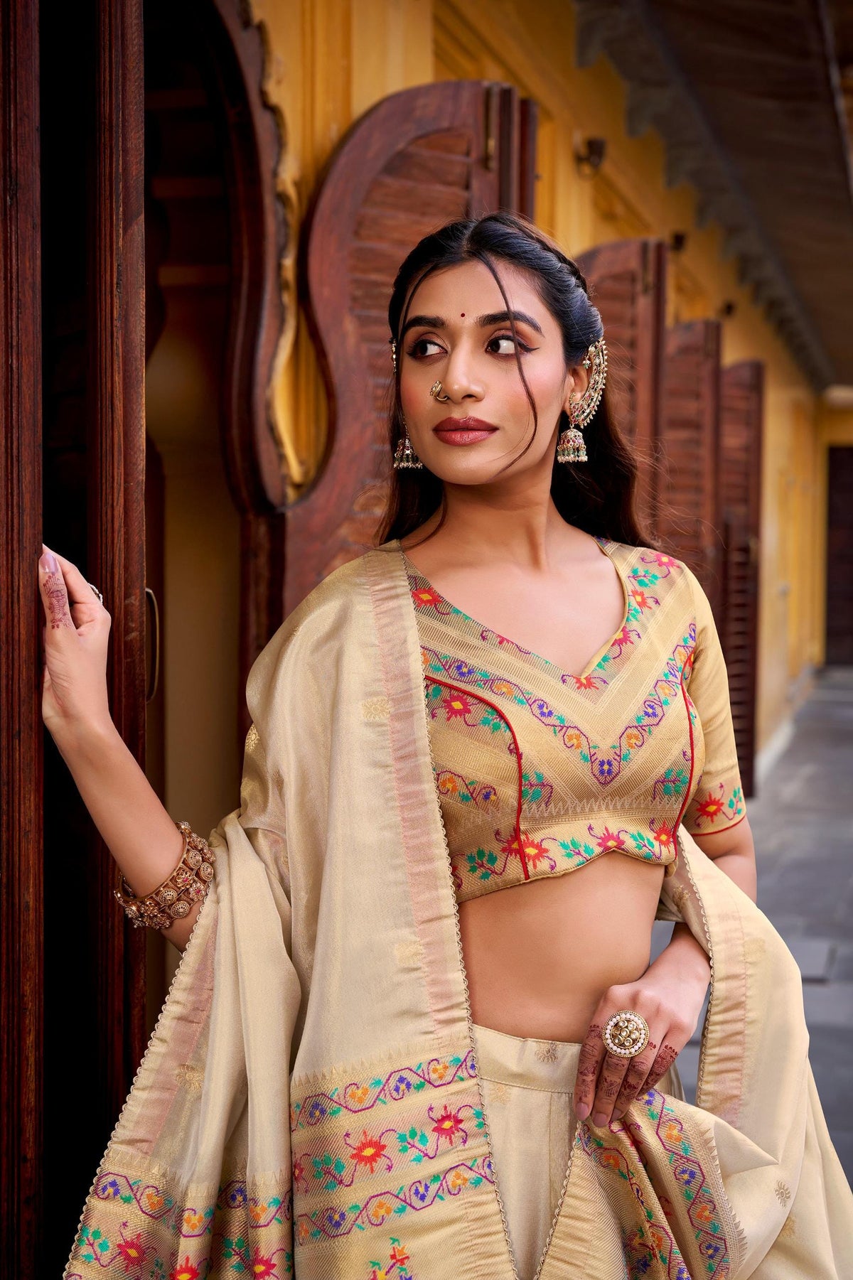 Paithani Silk Lehenga Choli — Cream & Gold Zari Weave