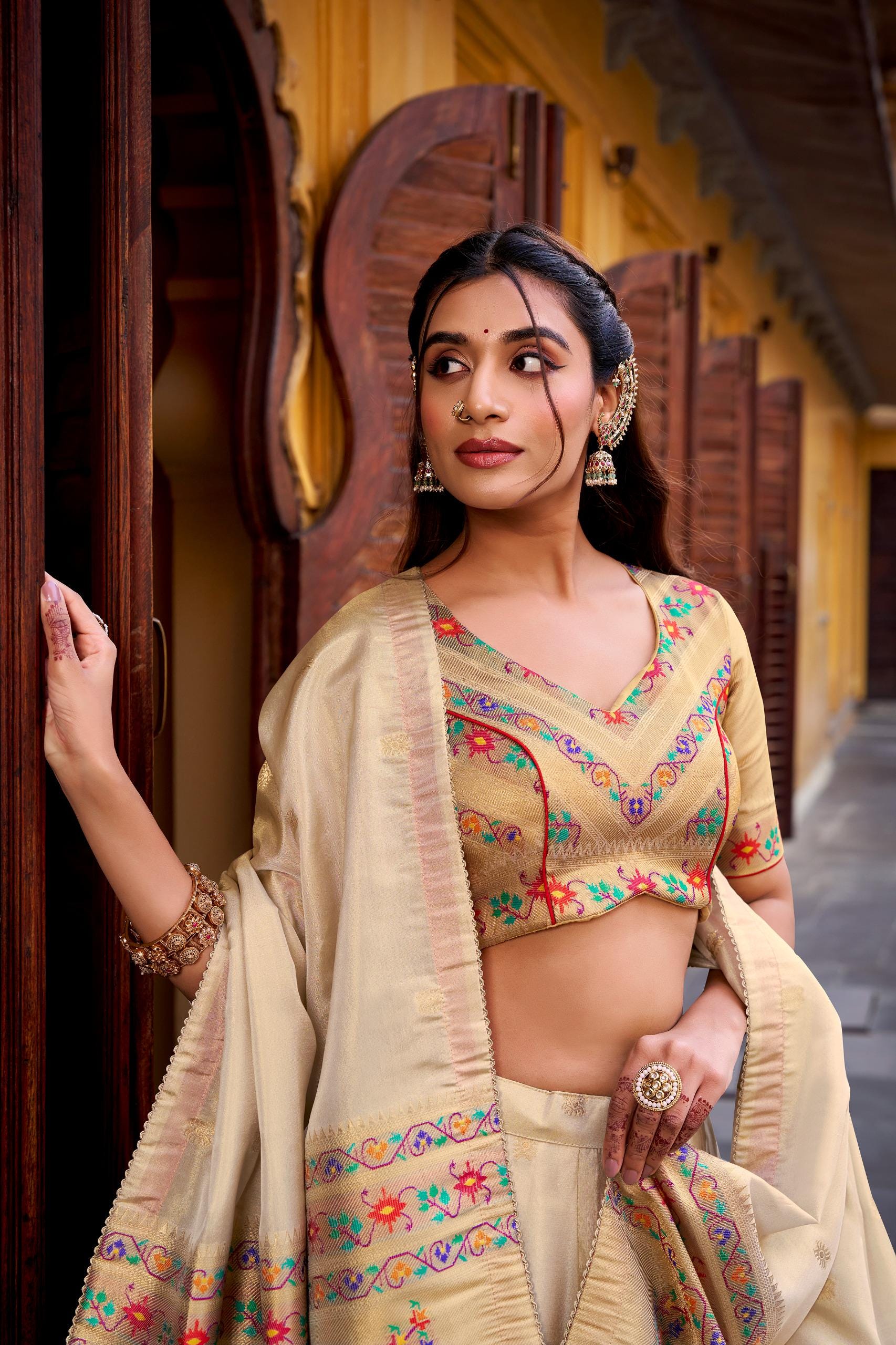 Paithani Silk Lehenga Choli — Cream & Gold Zari Weave