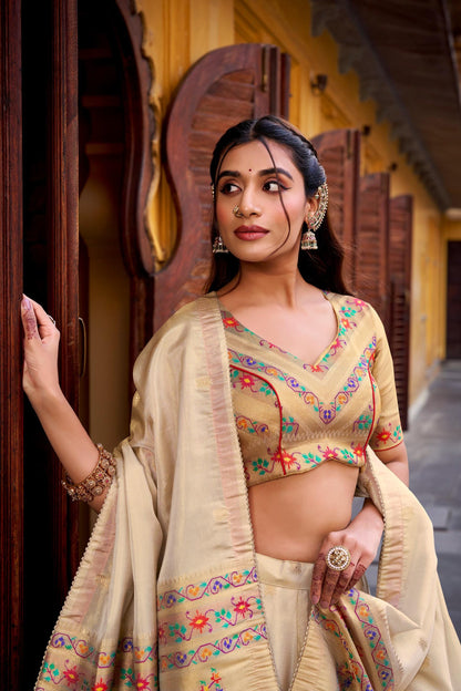 Paithani Silk Lehenga Choli — Cream & Gold Zari Weave