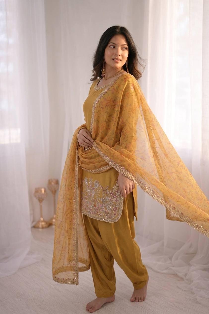 Yellow French Crepe Silk Embroidered Top, Bottom, Dupatta Set (Ready to Wear)