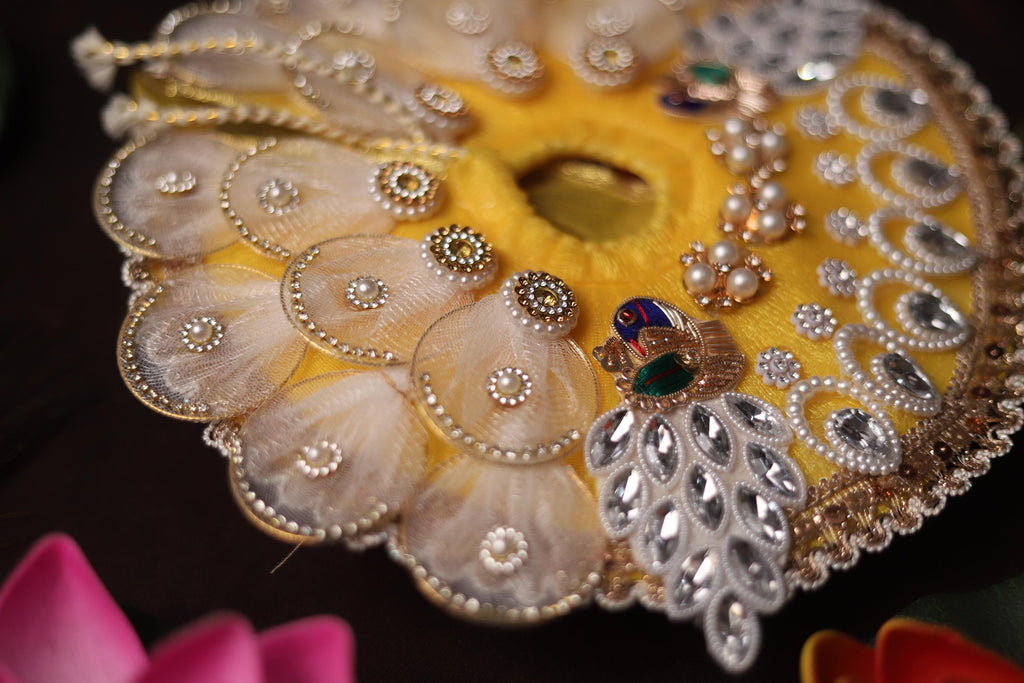 Handcrafted Kanha Ji Poshak with Elegant White Petals and Stone Work Embellishments Traditional Peacock Theme Laddu Gopal Dress