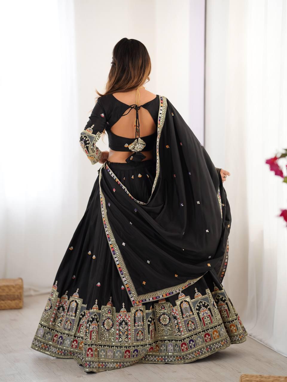 Designer Indian Wedding Lehenga Choli: Midnight Black Georgette Embroidery Sequins Work (Made To Order)