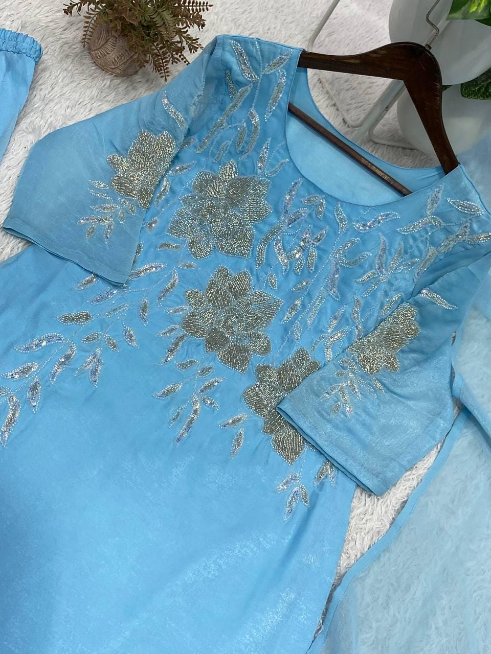 Designer Firozi Blue Embroidered Salwar Set with Dupatta | Wedding Party Wear Custom Stitched