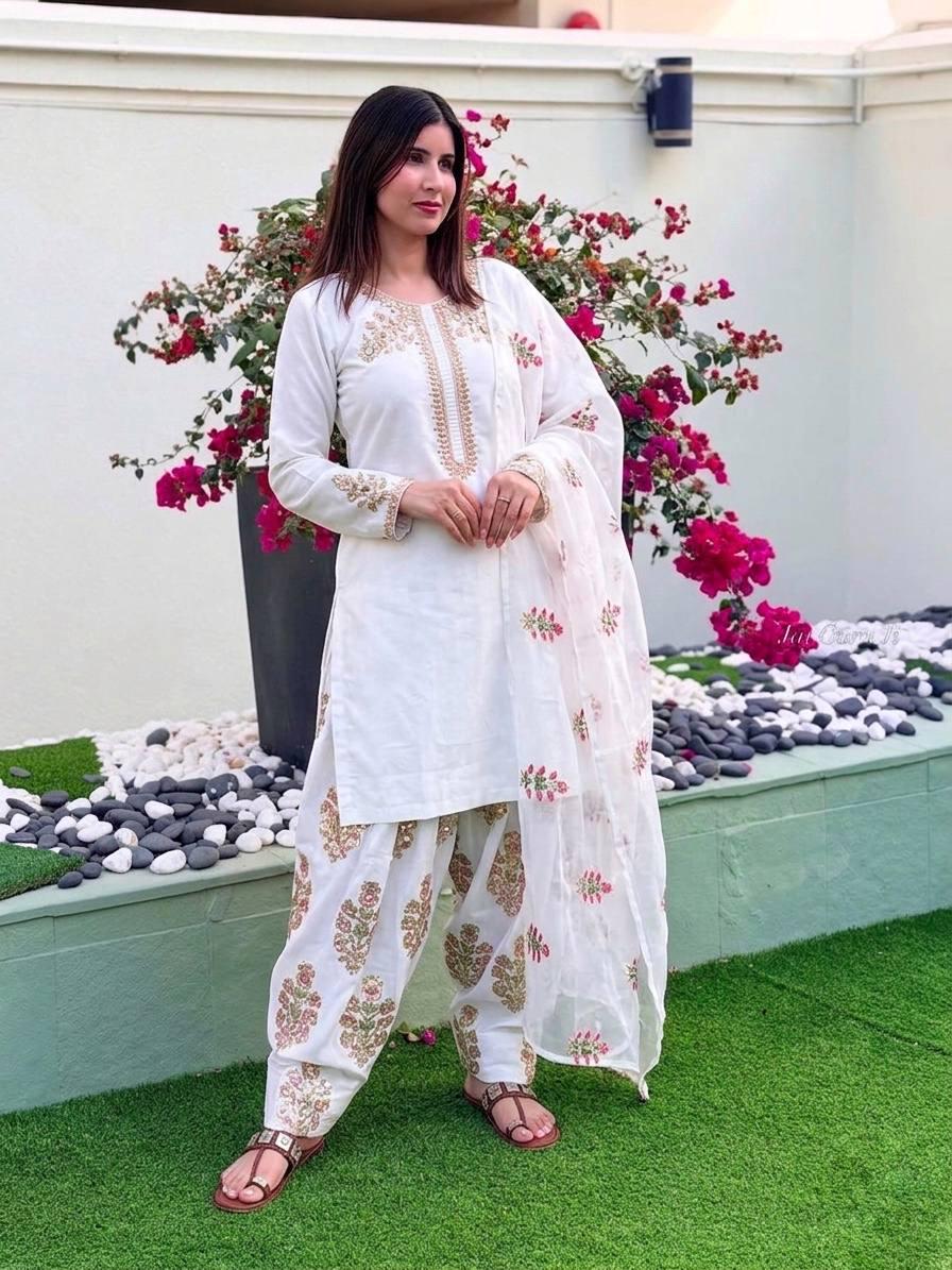 White Crepe Silk Salwar Kameez, Sequence Embroidery, Ready-to-Wear Indian Outfit, Farshi Pant