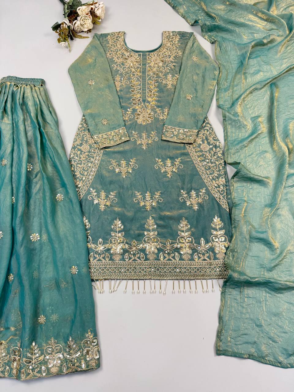 Designer Dusty Green Silk Embroidered Salwar Set with Dupatta | Wedding Party Wear