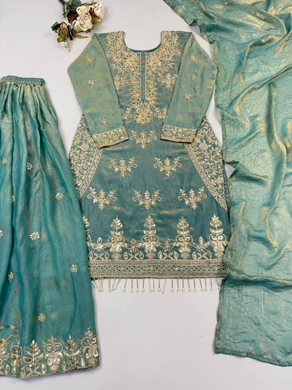 Designer Dusty Green Silk Embroidered Salwar Set with Dupatta | Wedding Party Wear