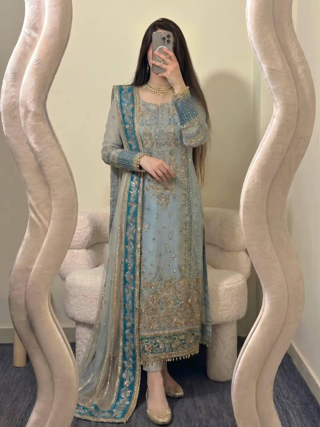 Teal Blue Fox Georgette Suit Set: Heavy Embroidery Sequence Work, Stitched Punjabi Salwar Kameez