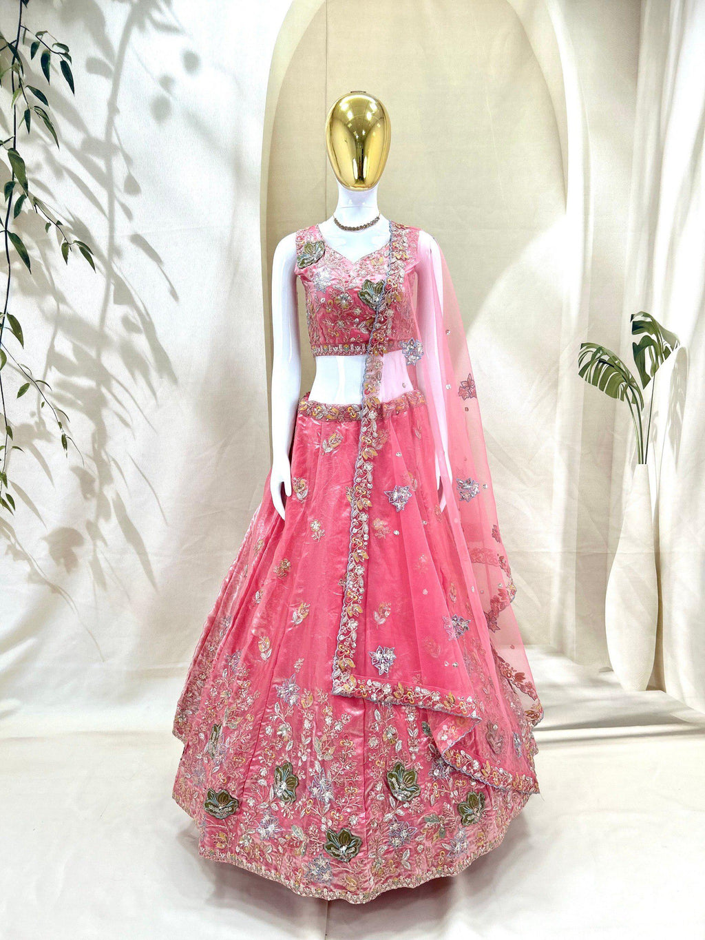 Baby Pink Embroidered Fandy Silk Lehenga Choli Set, Wedding Wear Dupatta