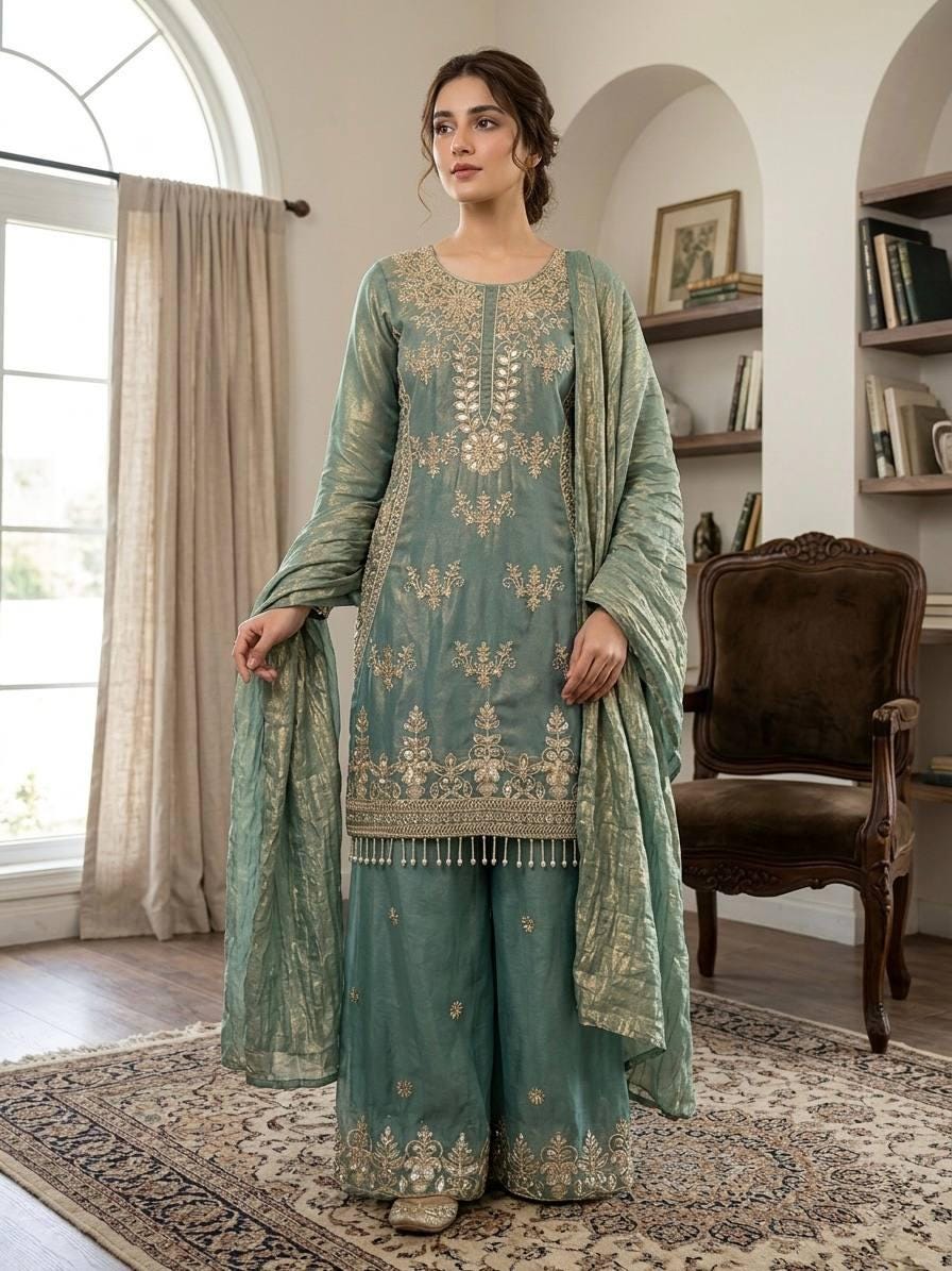 Designer Dusty Green Silk Embroidered Salwar Set with Dupatta | Wedding Party Wear