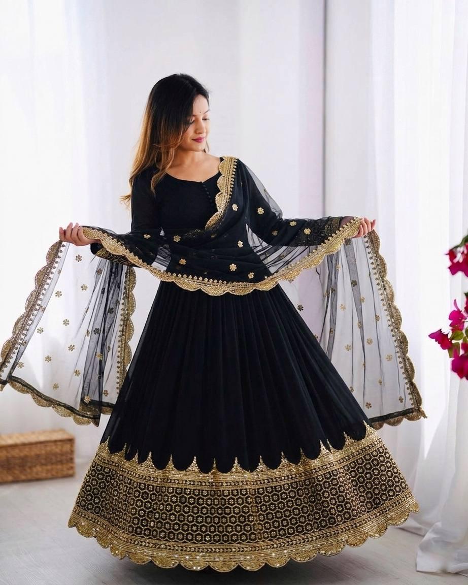 Black Embroidered Anarkali Gown Set, Faux Georgette Sequence Work, Party Wear Ethnic Dress