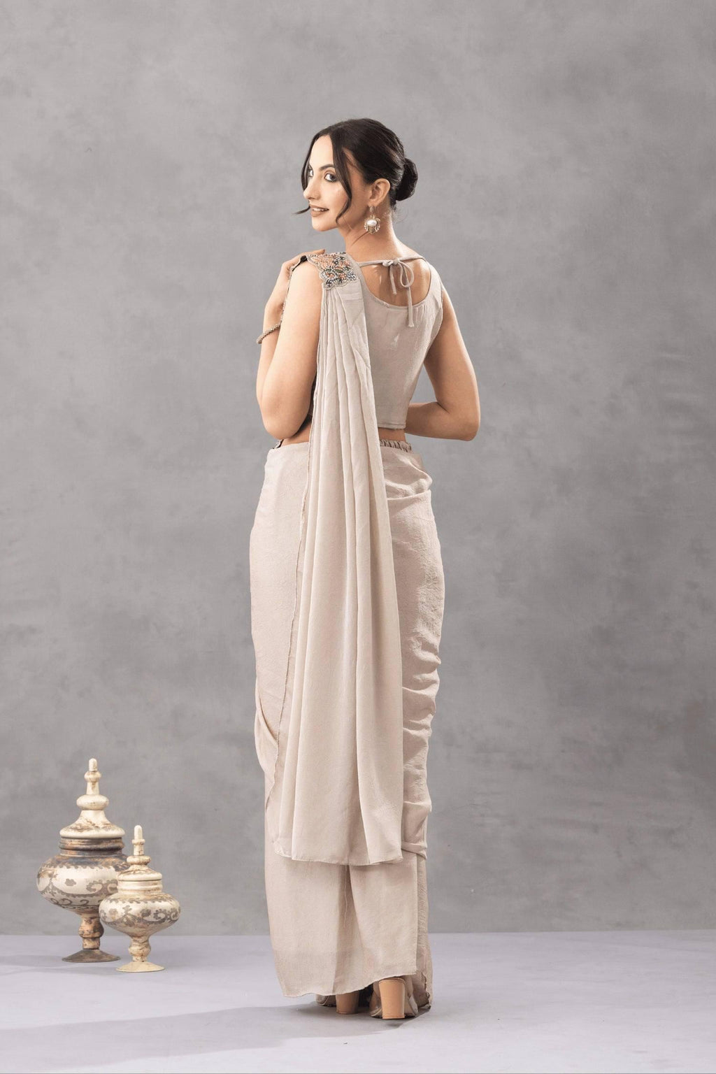 Ready-to-Wear White Chinon Silk Saree with Sequin Work