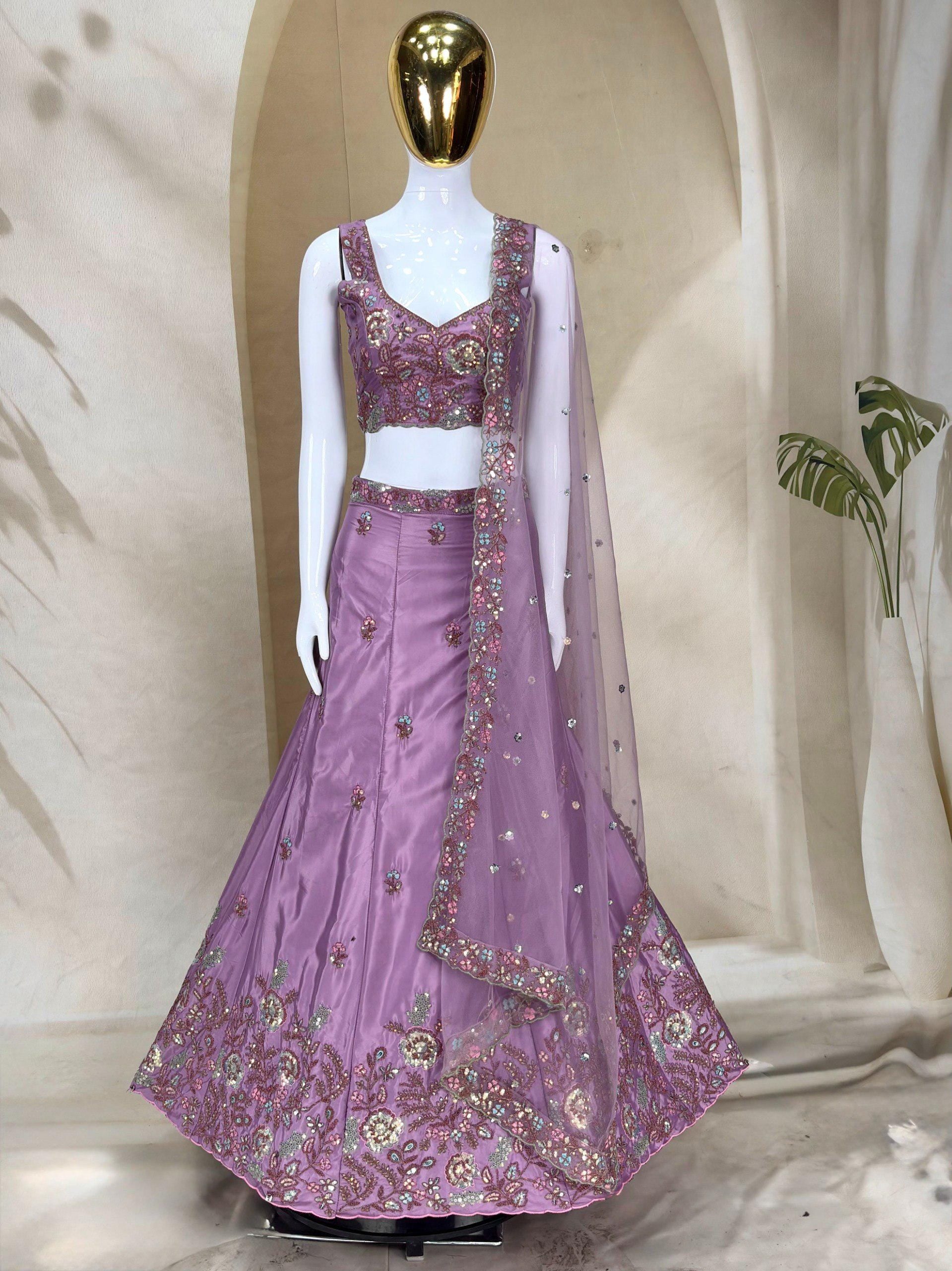 Dusty Purple Embroidered Lehenga Choli Set, French Crepe Dupatta, Wedding Wear