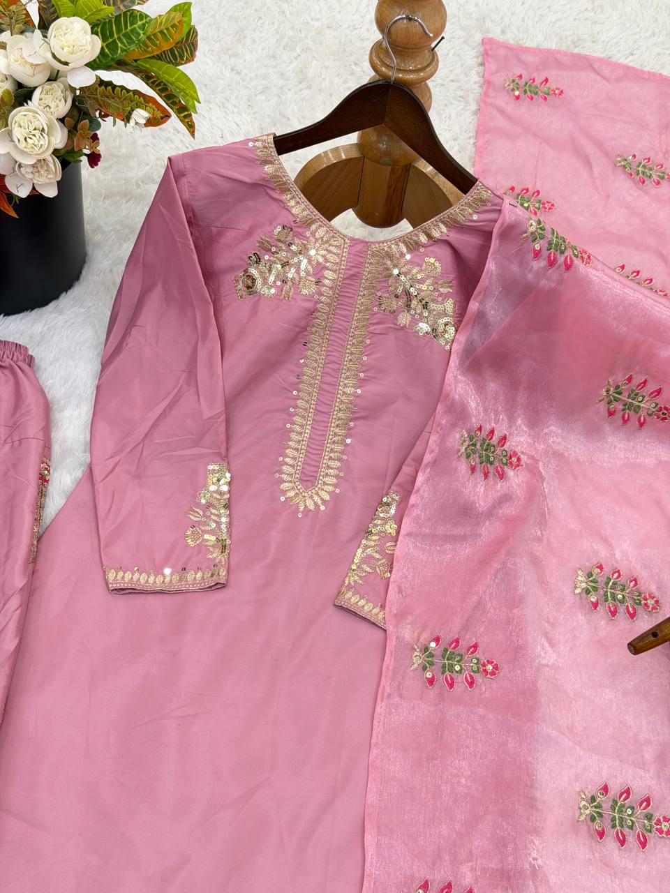 Pink Crepe Silk Suit Set, Heavy Embroidery Party Outfit, Ready Wear Indian Dress