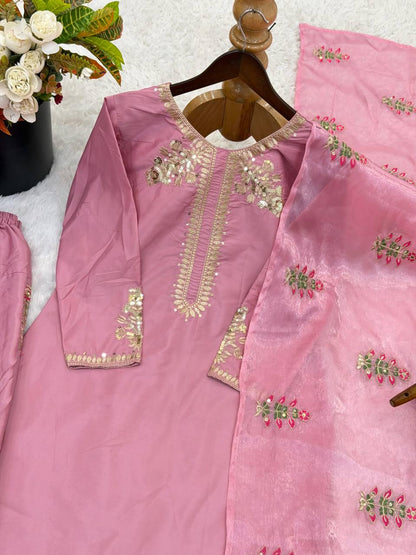 Pink Crepe Silk Suit Set, Heavy Embroidery Party Outfit, Ready Wear Indian Dress