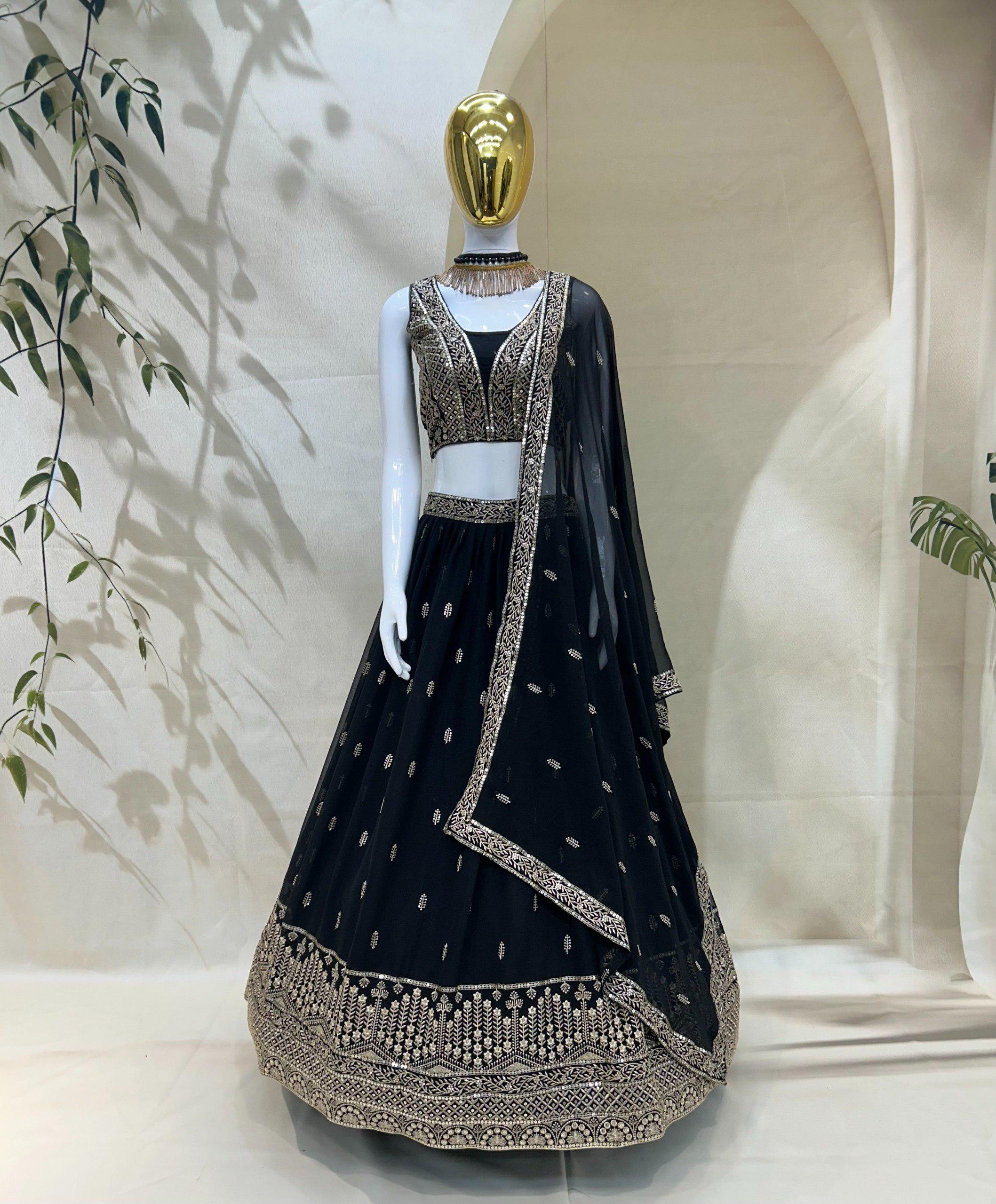 Designer Black Georgette Lehenga Choli: Zari Embroidery Sequins Work (Made To Order)
