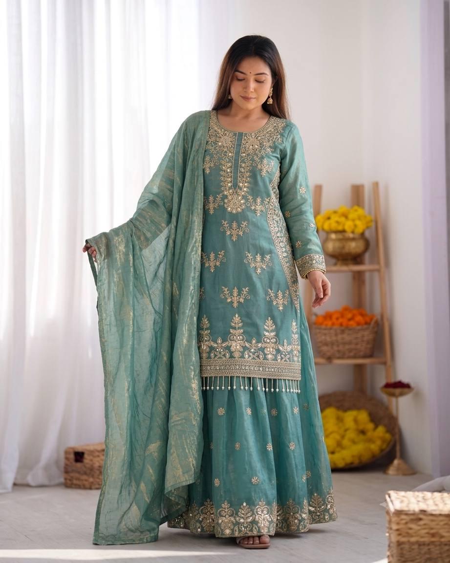 Designer Dusty Green Silk Embroidered Salwar Set with Dupatta | Wedding Party Wear