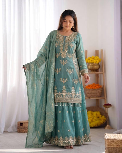 Designer Dusty Green Silk Embroidered Salwar Set with Dupatta | Wedding Party Wear