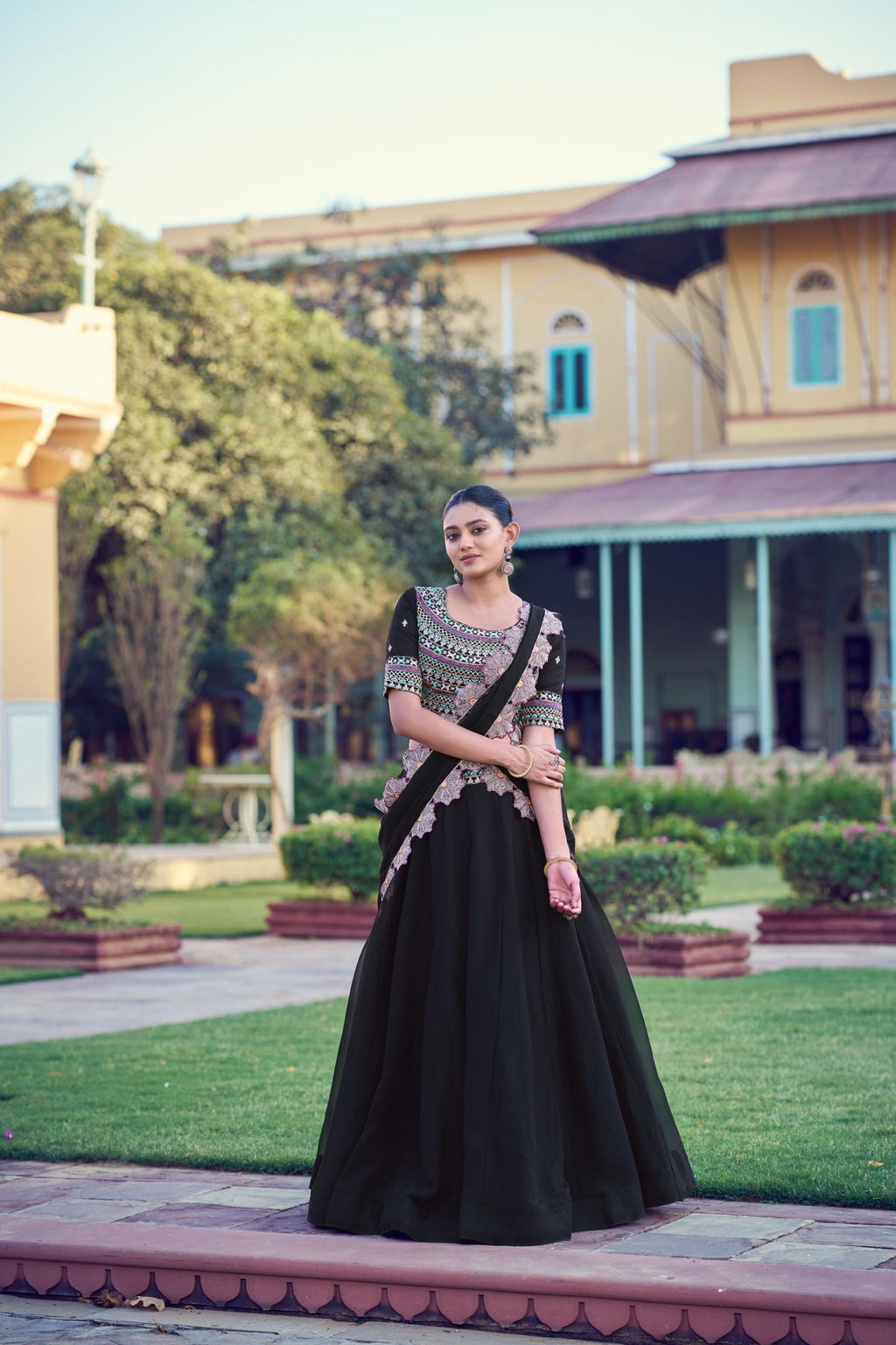 Black Georgette Lehenga Choli Set, Thread Sequins Embroidery, Floral Dupatta