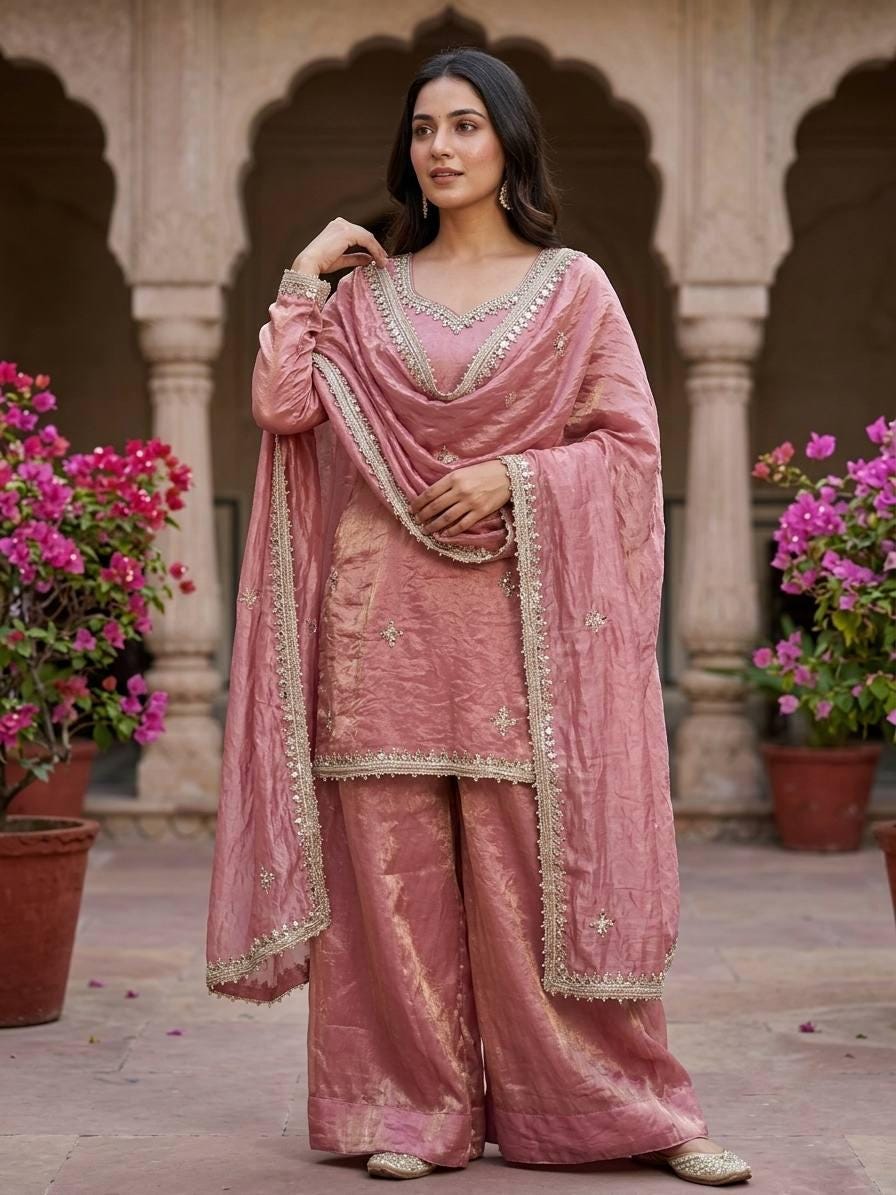 Designer Fendy Silk Sharara Suit Set: Rosy Pink Embroidery, Real Mirror Work Festive Wear