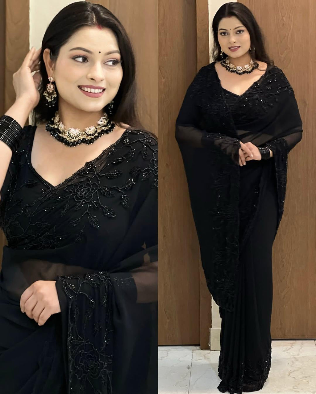 Black Fox Georgette Saree with Beadwork & Cutwork Border