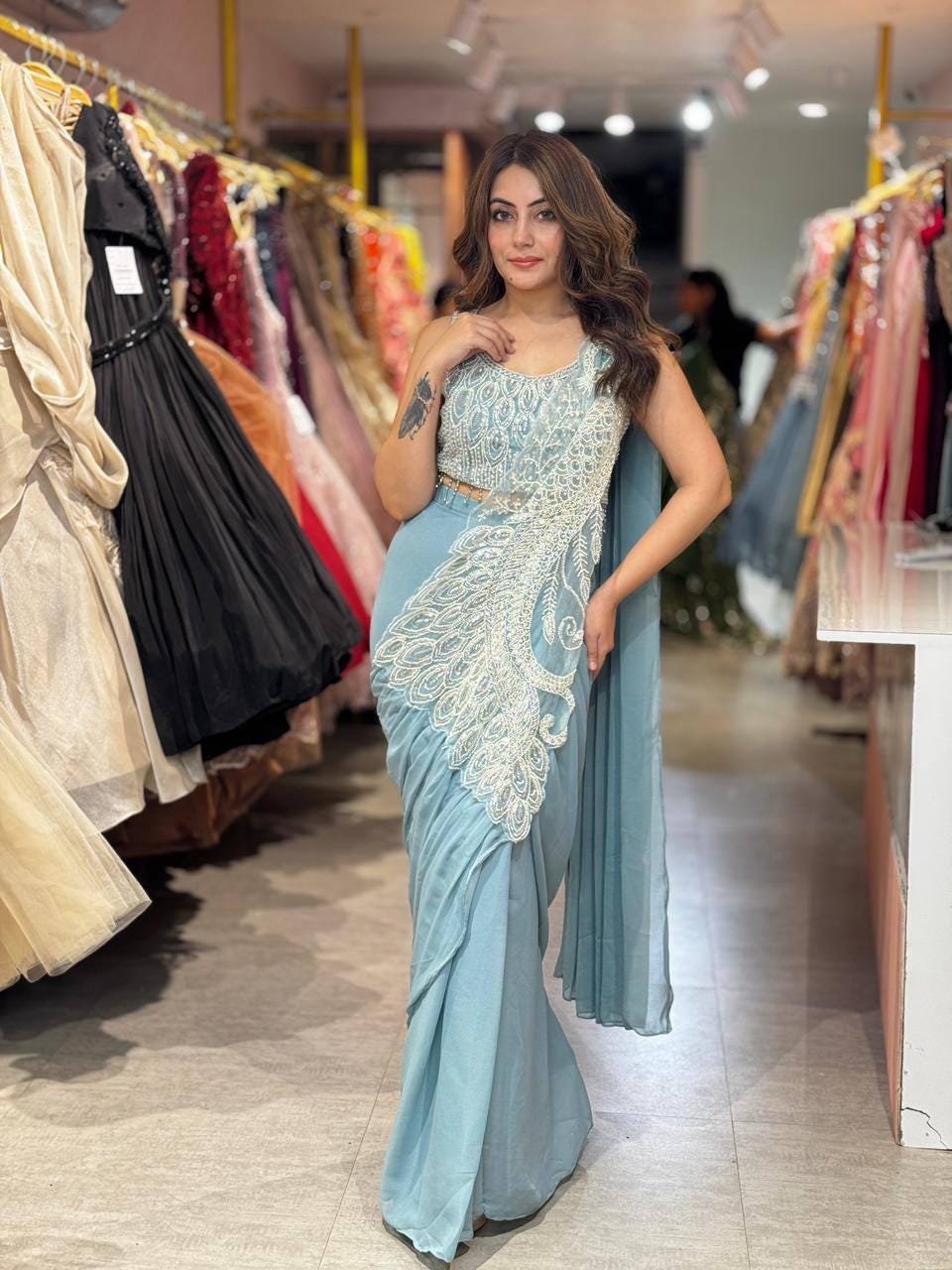 Ready-to-Wear Blue Silk Drape Saree with Sequins Work Blouse