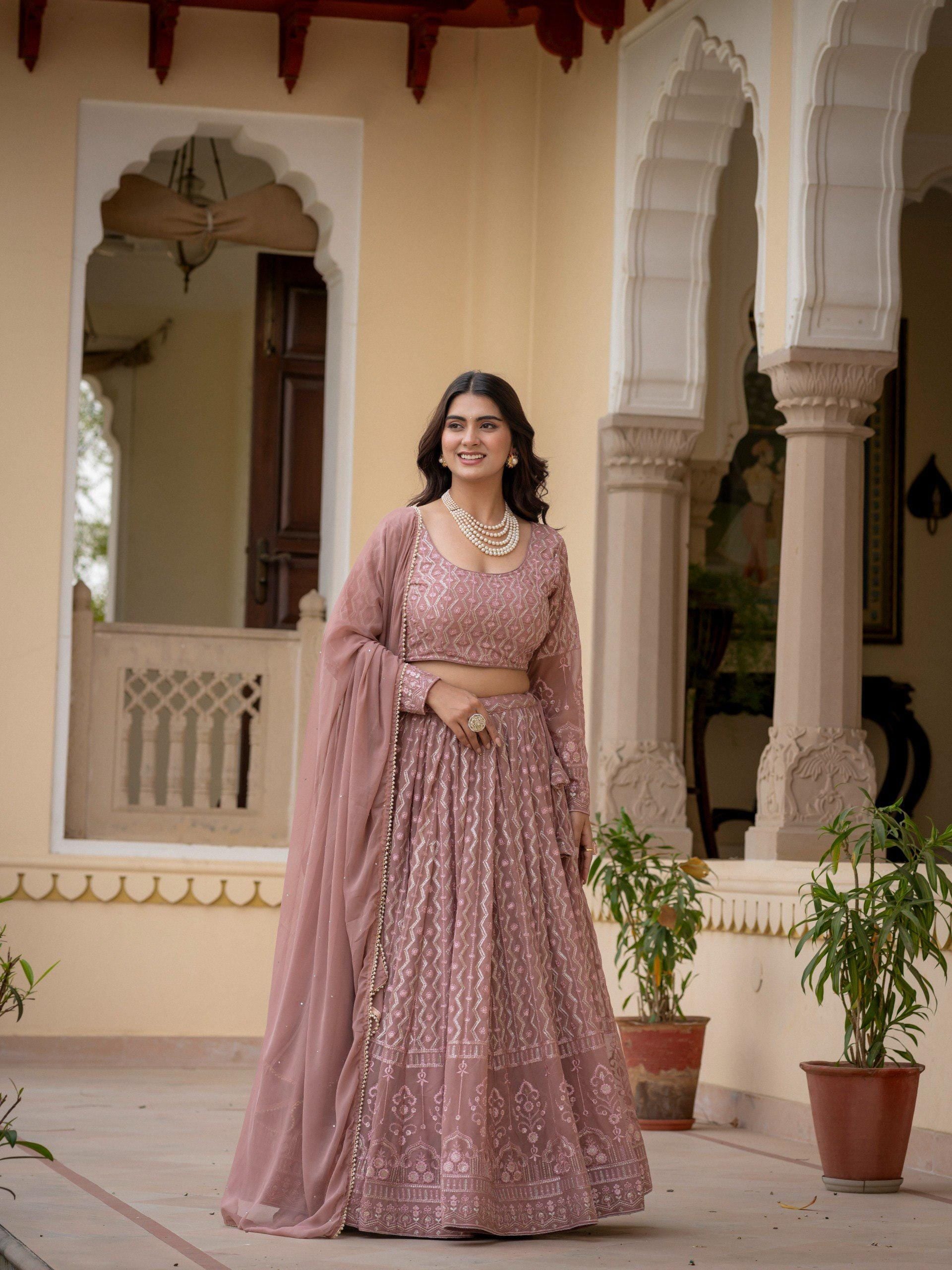 Rosy Brown Embroidered Lehenga Choli Set, Custom Stitched Faux Georgette Traditional Wear