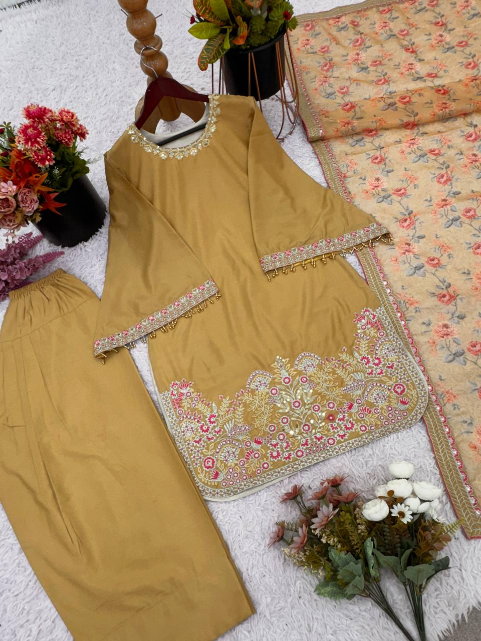 Yellow French Crepe Silk Embroidered Top, Bottom, Dupatta Set (Ready to Wear)