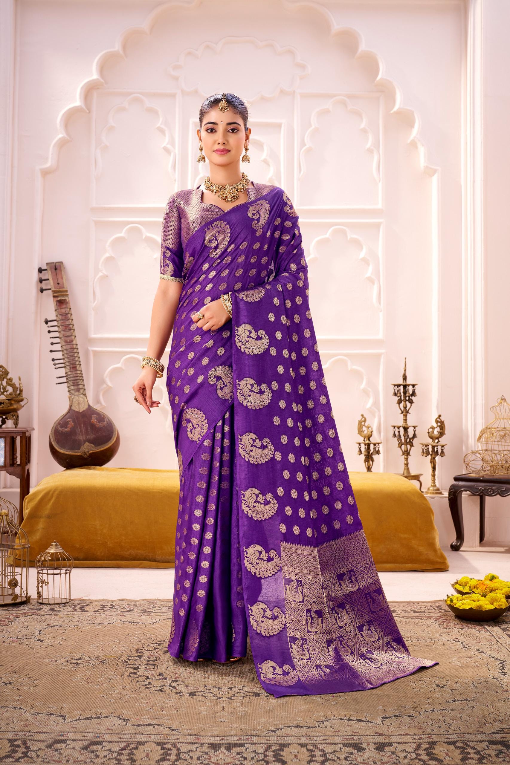 Purple Banarasi Silk Saree with Gold Zari Border