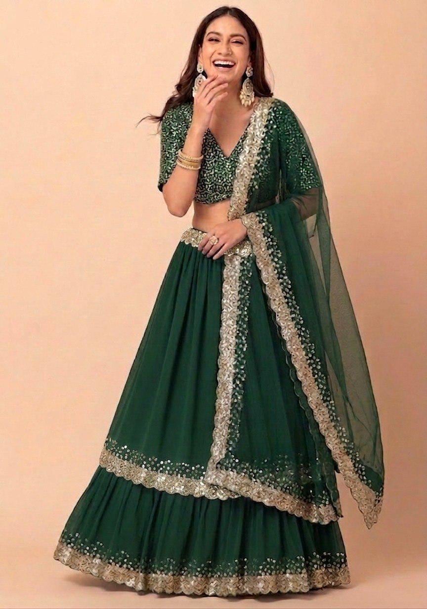 Designer Indian Wedding Lehenga Choli: Dark Green Georgette Embroidery Sequins Work (Made To Order)