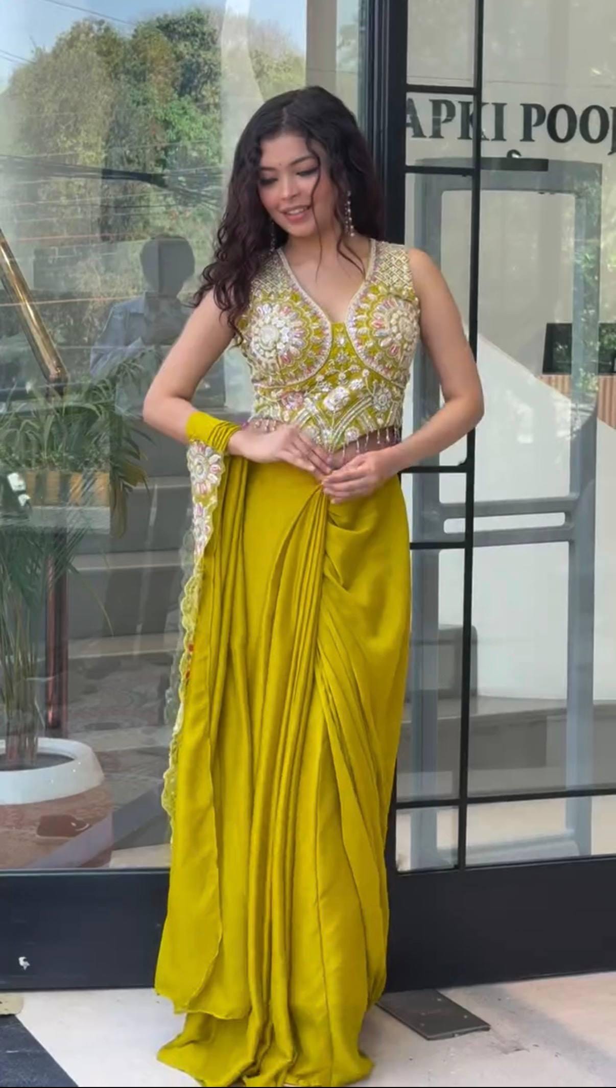 Ready-to-Wear Yellow Faux Georgette Drape Saree with Sequins Work, Stitched Blouse