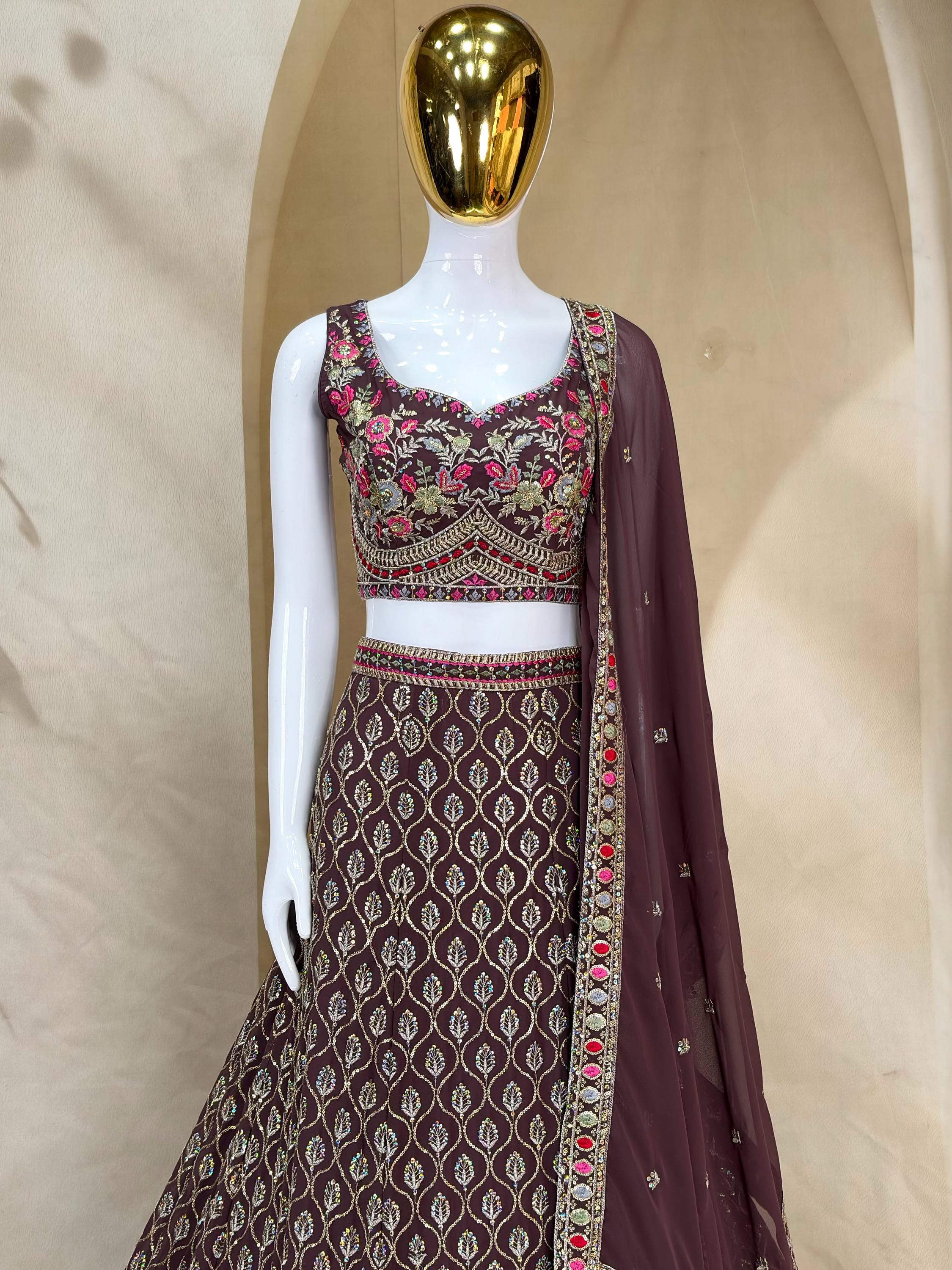 Designer Indian Wedding Lehenga Choli: Dark Brown Georgette Embroidery (Made To Order)
