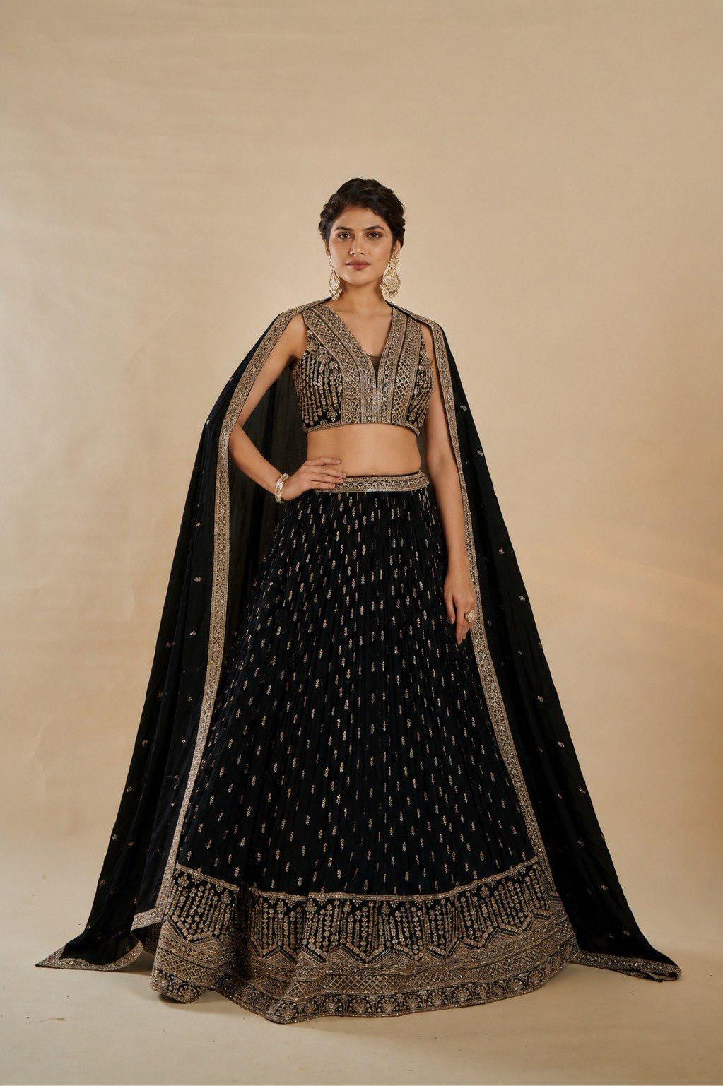 Designer Black Georgette Lehenga Choli: Zari Embroidery Sequins Work (Made To Order)